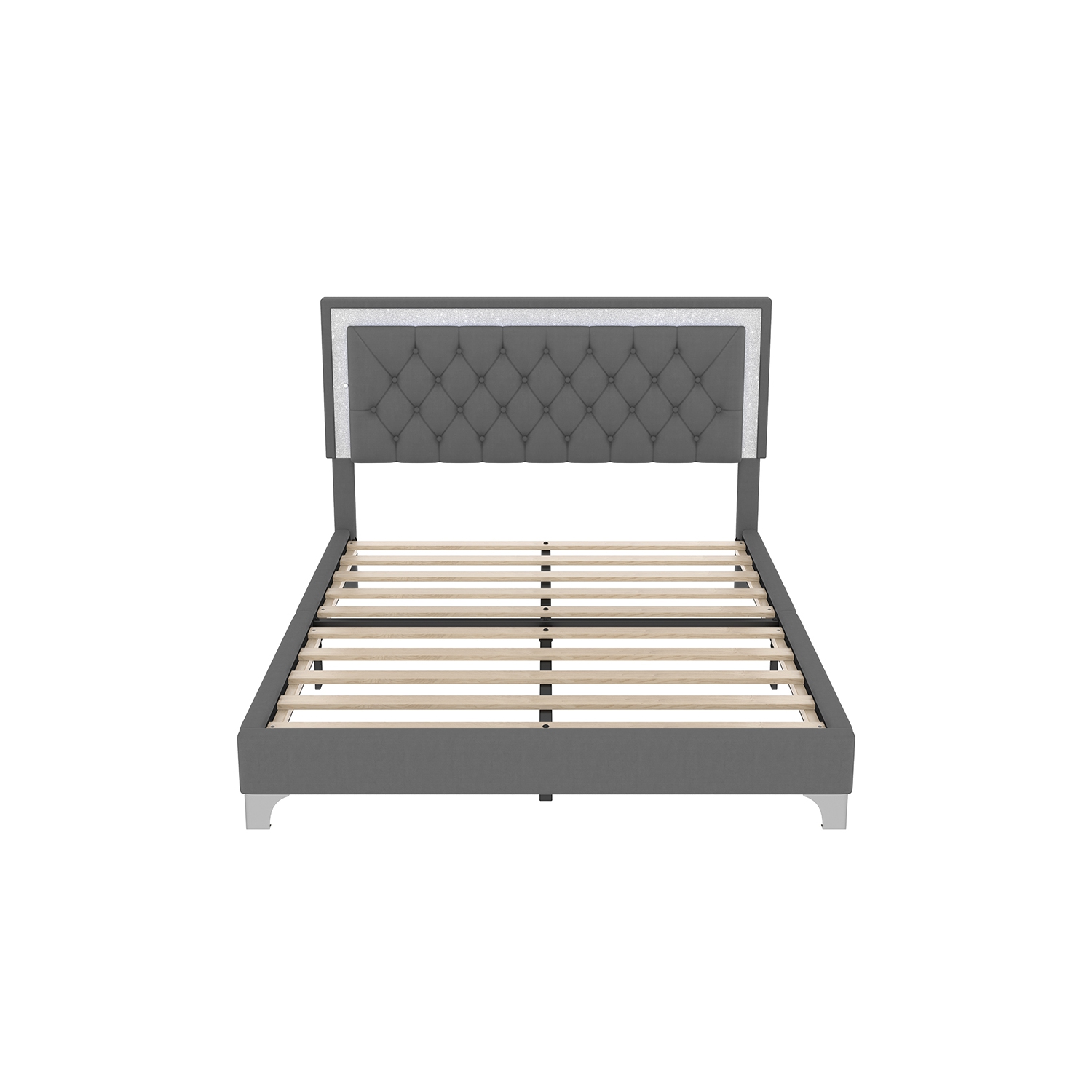 Ensembles 3 pièces pour chambre Kepooman, grand lit plateforme rembourré avec éclairage LED et 2 tables de chevet - Gris