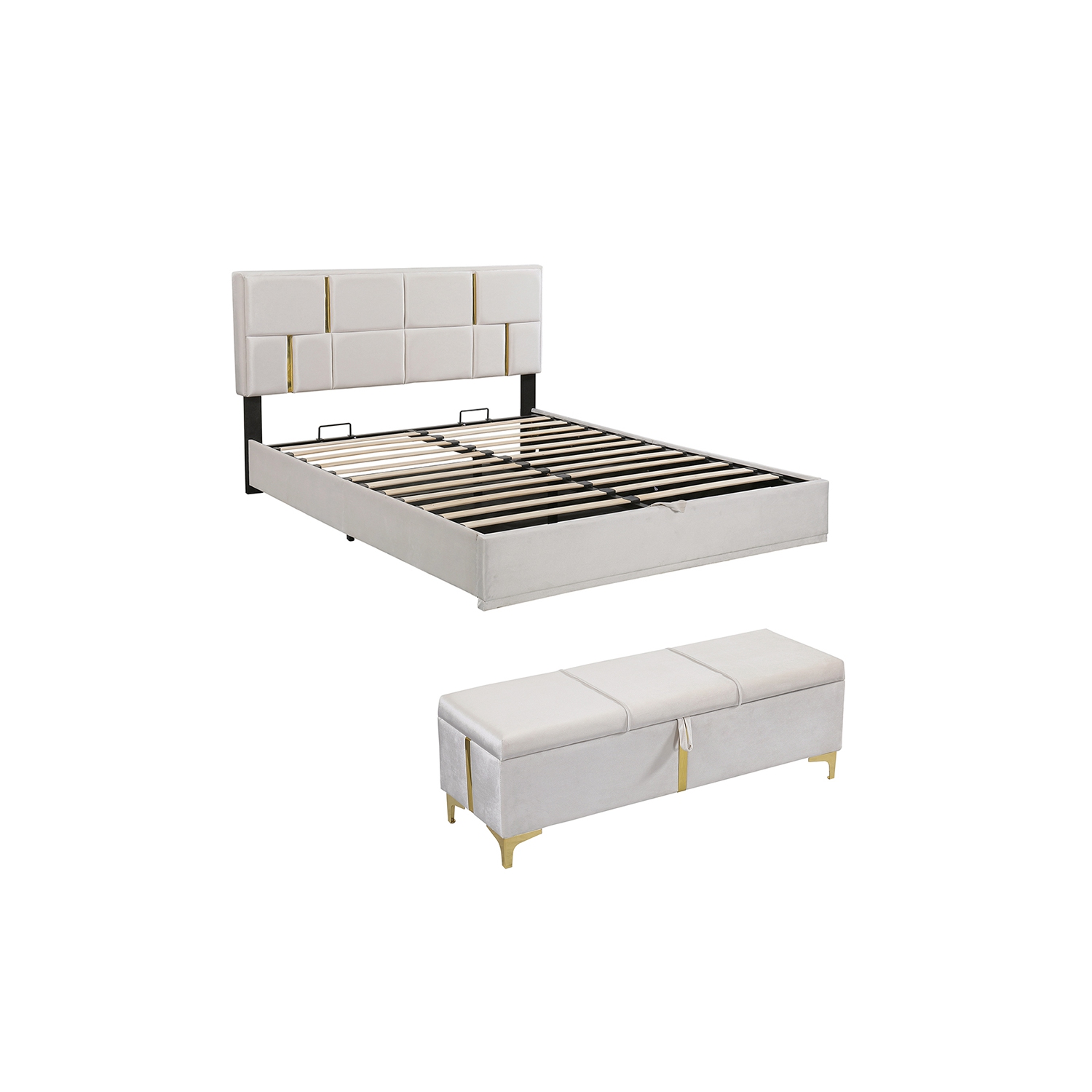 Kepooman 2-Pieces Bedroom Sets,Queen Size Upholstered Platform Bed with Hydraulic Storage System - Beige