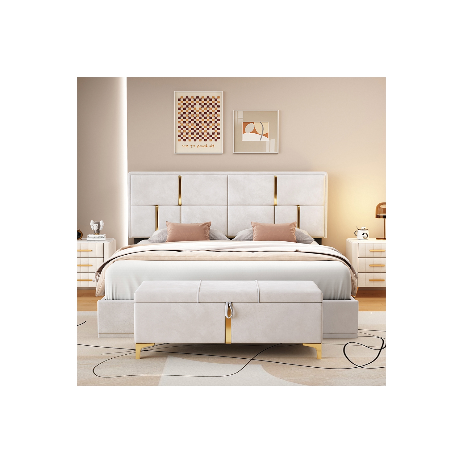 Kepooman 2-Pieces Bedroom Sets,Queen Size Upholstered Platform Bed with Hydraulic Storage System - Beige