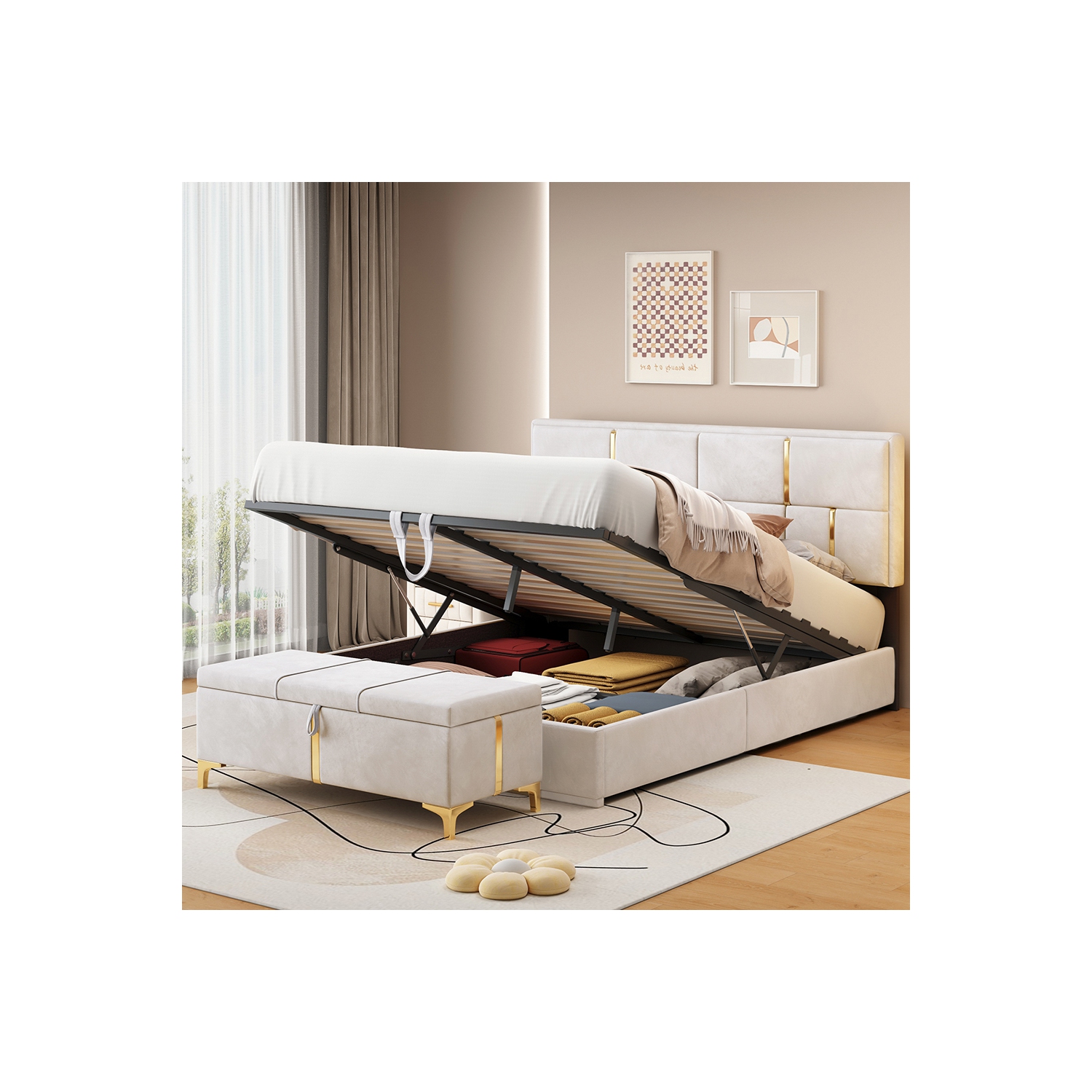Kepooman 2-Pieces Bedroom Sets,Queen Size Upholstered Platform Bed with Hydraulic Storage System - Beige