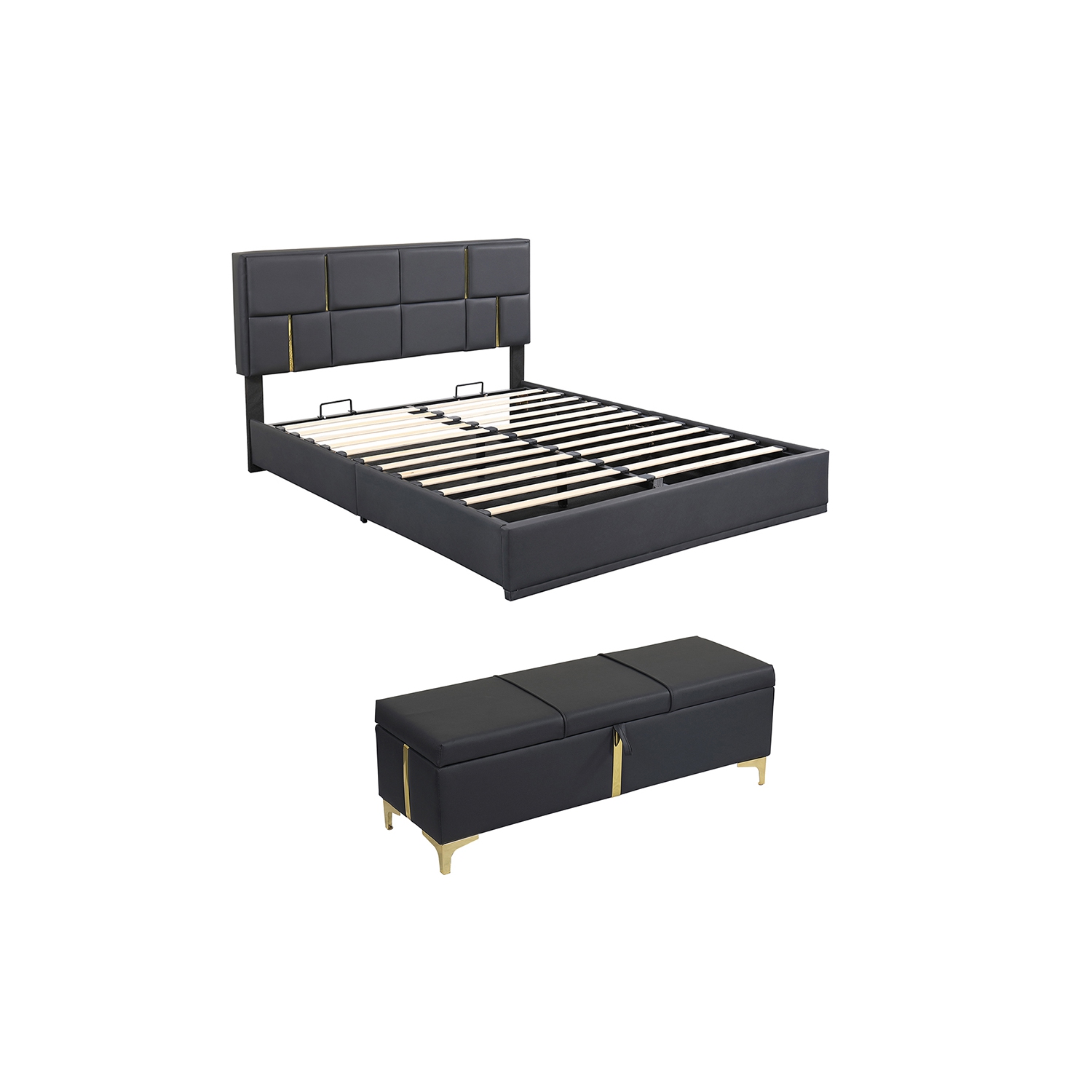 Kepooman 2-Pieces Bedroom Sets,Queen Size Upholstered Platform Bed with Hydraulic Storage System - Black