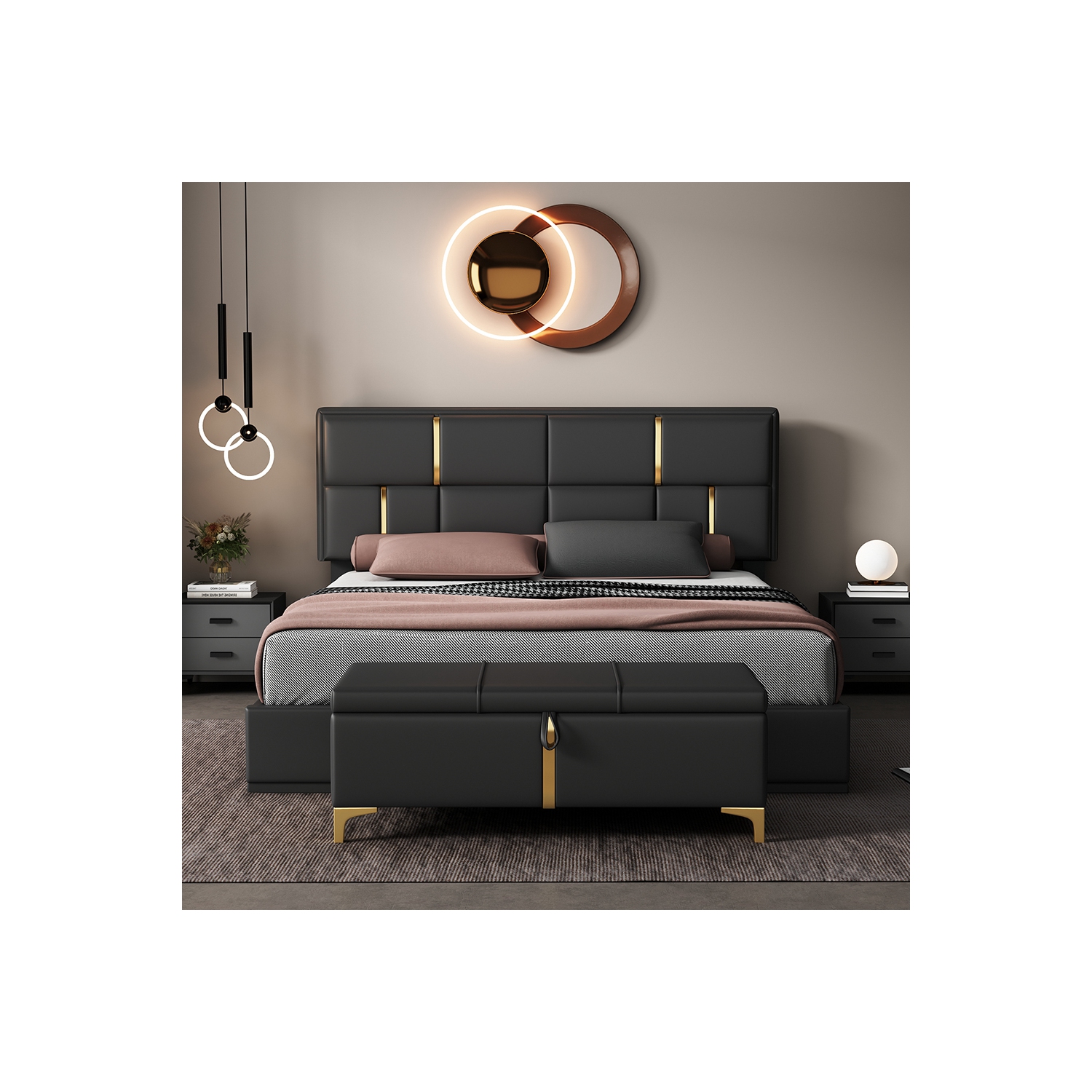 Kepooman 2-Pieces Bedroom Sets,Queen Size Upholstered Platform Bed with Hydraulic Storage System - Black