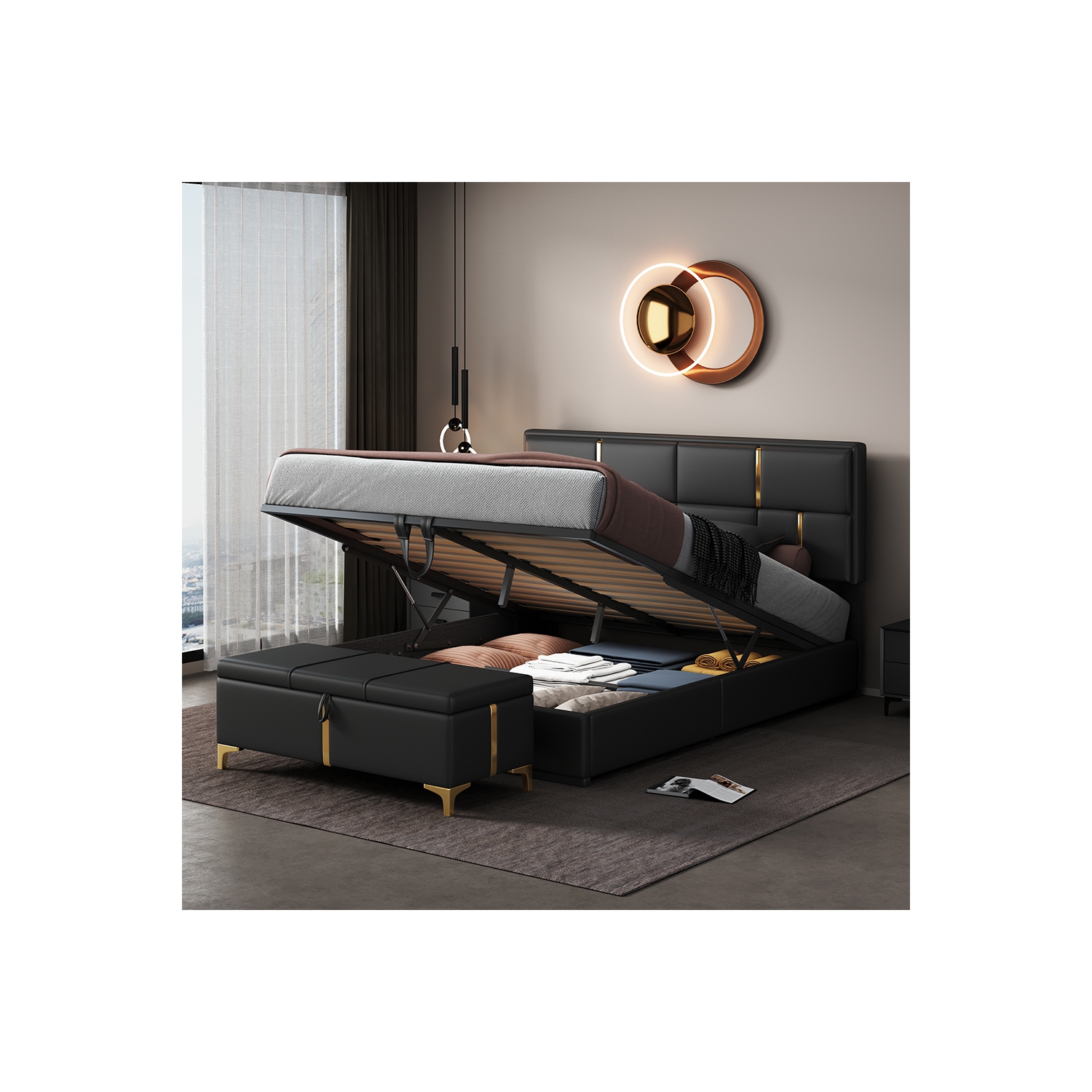 Kepooman 2-Pieces Bedroom Sets,Queen Size Upholstered Platform Bed with Hydraulic Storage System - Black