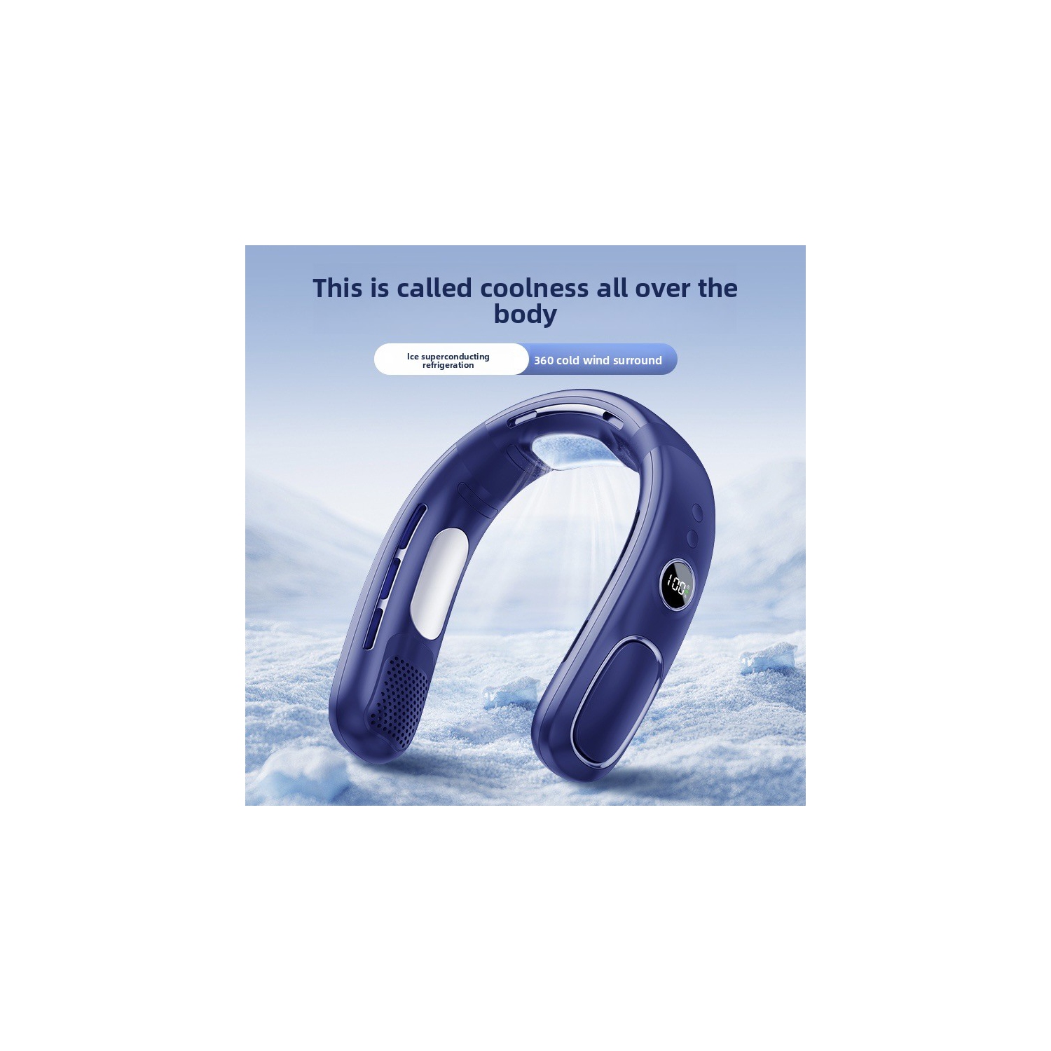 Semiconductor Refrigeration Neck Hanging Fan USB Charging Leafless Cooling Fan Outdoor Portable Digital Display Small Fan - N90 Dark Blue