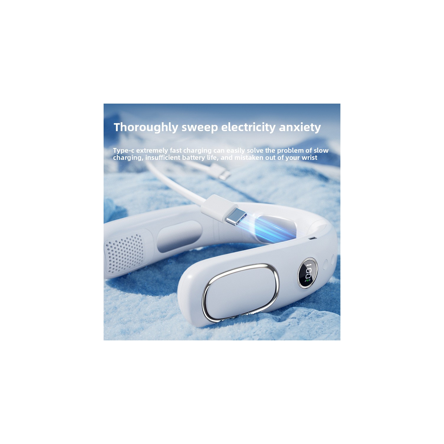 Semiconductor Refrigeration Neck Hanging Fan USB Charging Leafless Cooling Fan Outdoor Portable Digital Display Small Fan - N90 Dark Blue