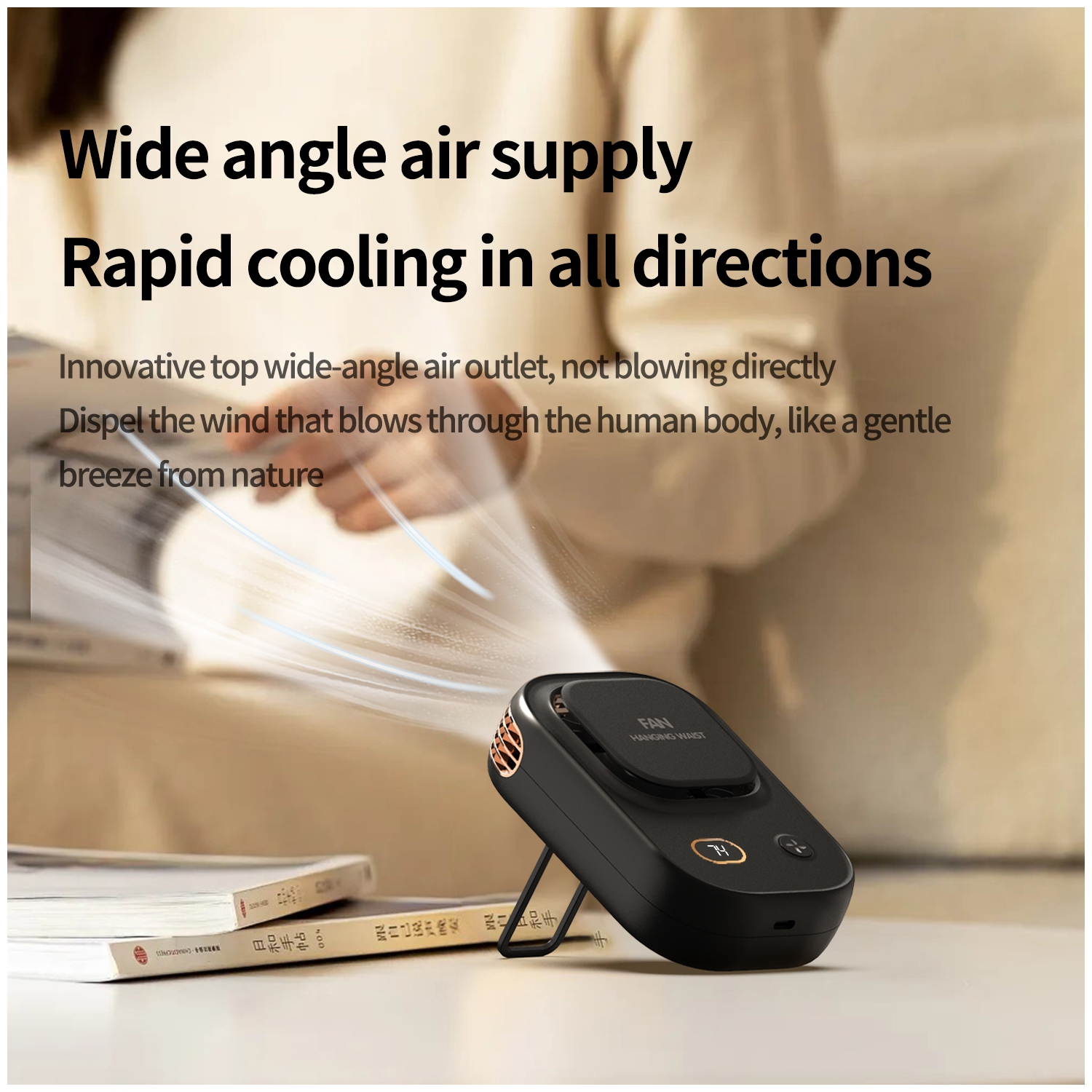 New leafless neck hanging fan, turbine usb desktop lazy outdoor mini portable waist hanging small fan, battery display neck cooling fan - black