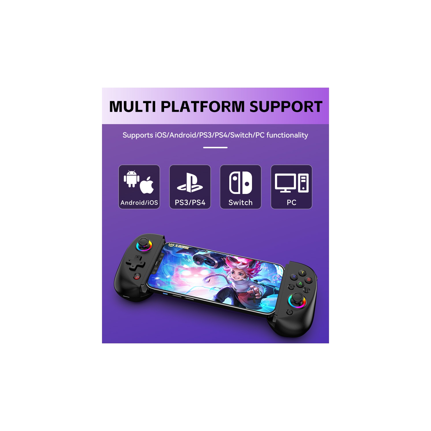 D8 mobile phone stretch game handle, dual hall wireless bluetooth iso Android tablet somatosensory vibration handle, RGB light telescopic joystick