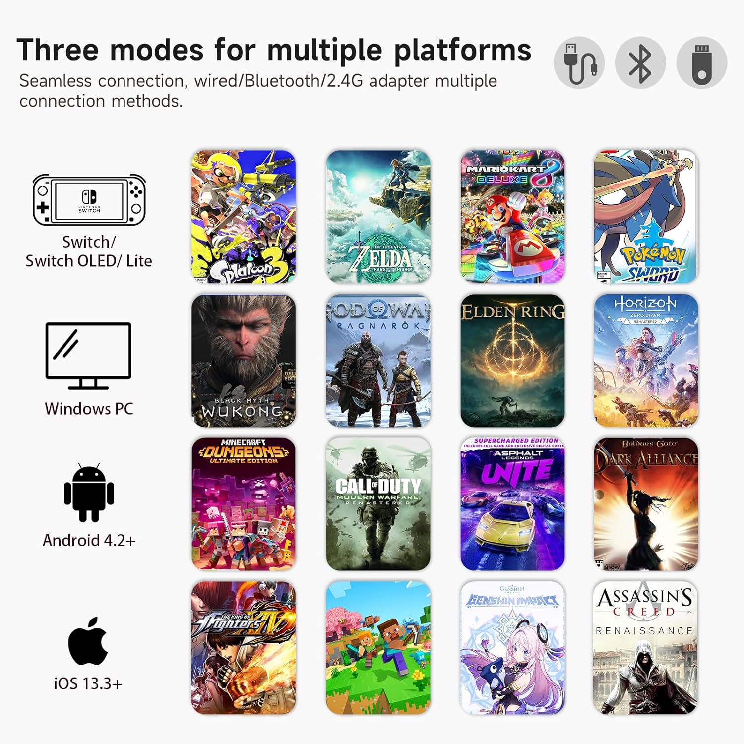 Poignée magnétique K10, commutateur 2, manette de jeu sans fil pour PC avec base de chargement, manche à balai à effet Hall et gâchette - blanc