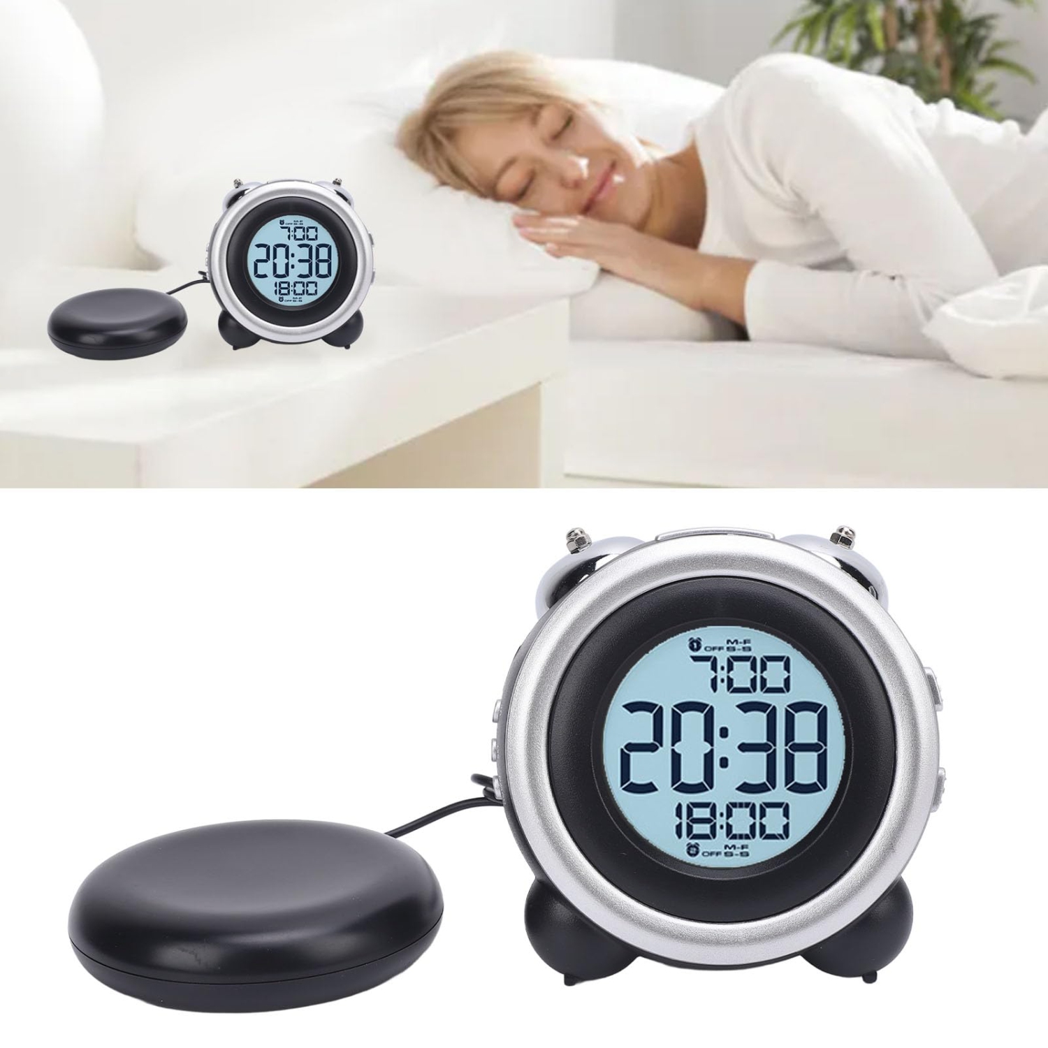 Réveille-matin avec lit secoueur, réveil vibrant alimenté par piles, grand écran, fonction de rappel d'alarme, volume réglable ＆ luminosité, pour les