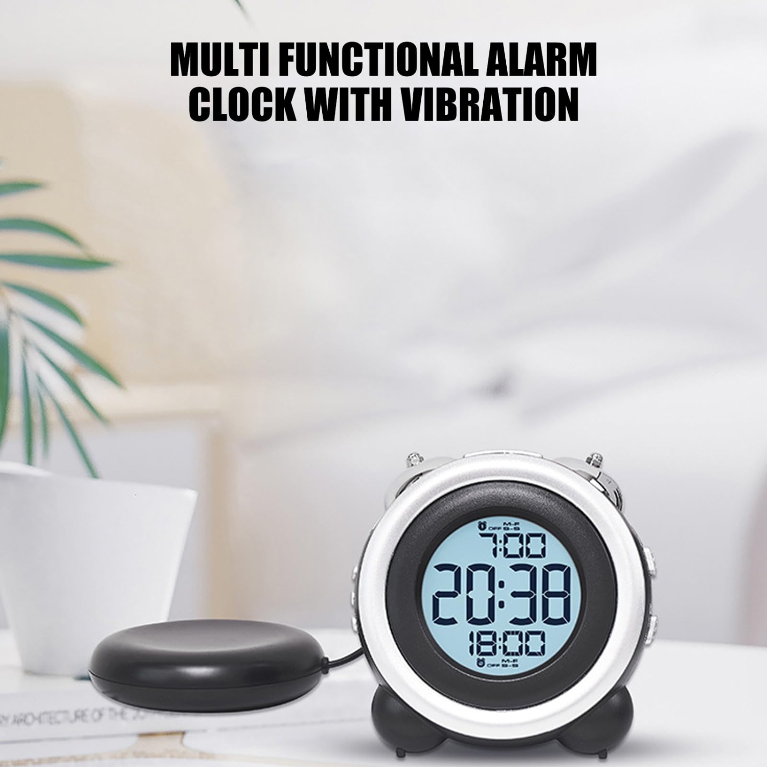 Réveille-matin avec lit secoueur, réveil vibrant alimenté par piles, grand écran, fonction de rappel d'alarme, volume réglable ＆ luminosité, pour les