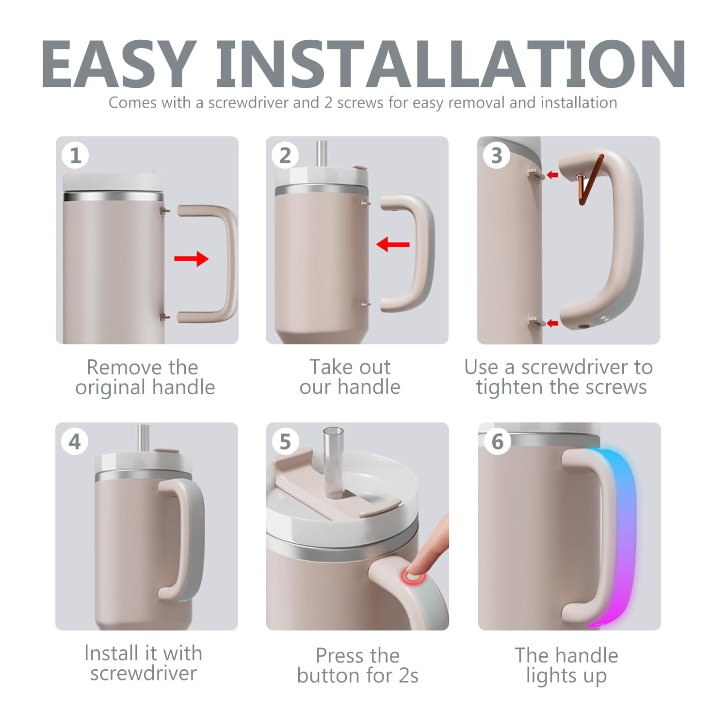 LED Light Up Handle Compatible with Stanley 40oz/30oz, Glow Tumbler Handle Suit for Stanley Accessories Use for Outdoor, Party, Home