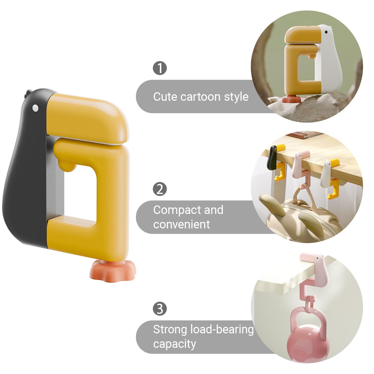 3-Pack Portable Folding Desk Hooks, Cute Adjustable School Bag Clips for School, Desk Storage and Organization