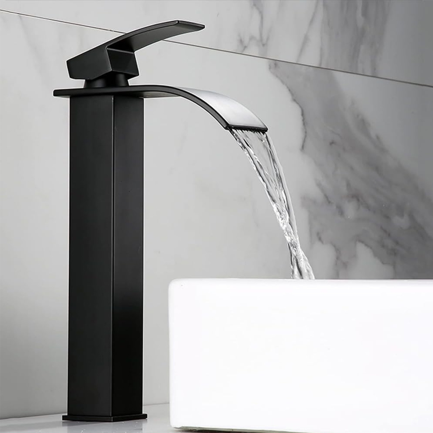 Black Single-Lever Waterfall Faucet, Square Stainless Steel Basin Faucet Suitable for Kitchen, Bathroom