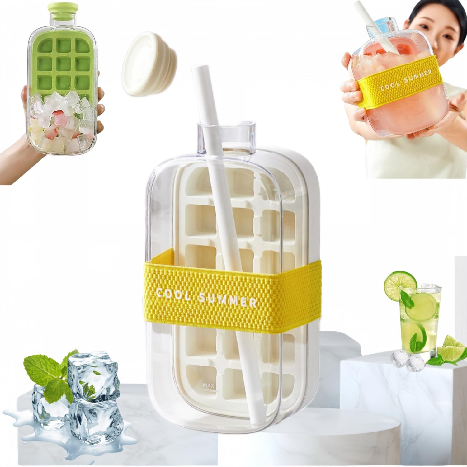 Ice Cube Bottle, 2 in 1 Touch-Free Ice Cube Tray Water Bottle, Press to Thaw Ice, for Making Ice Cubes for Summer Coffee, Juice and Drinks