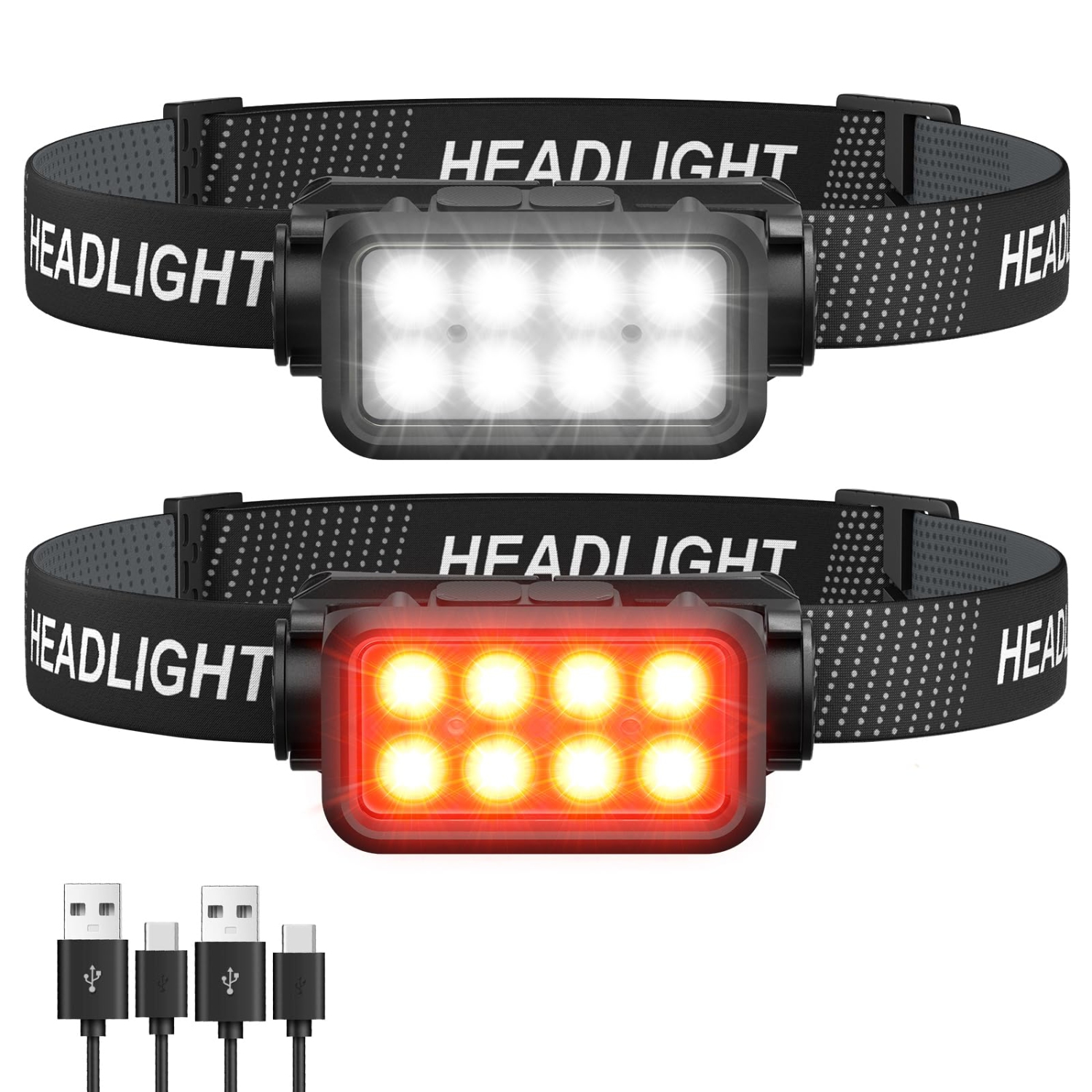 Lampe de poche rechargeable, 8 lampe de travail montée sur la tête LED de 1200 lumens avec lumière blanche-rouge et capteur de mouvement pour la