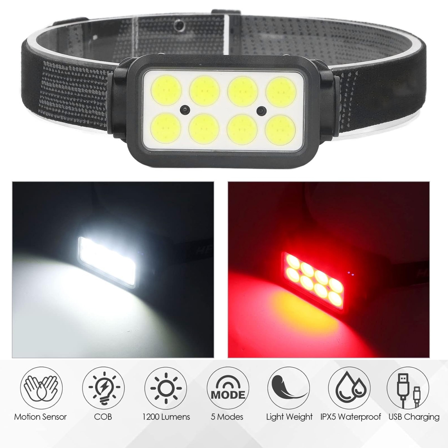 Lampe de poche rechargeable, 8 lampe de travail montée sur la tête LED de 1200 lumens avec lumière blanche-rouge et capteur de mouvement pour la
