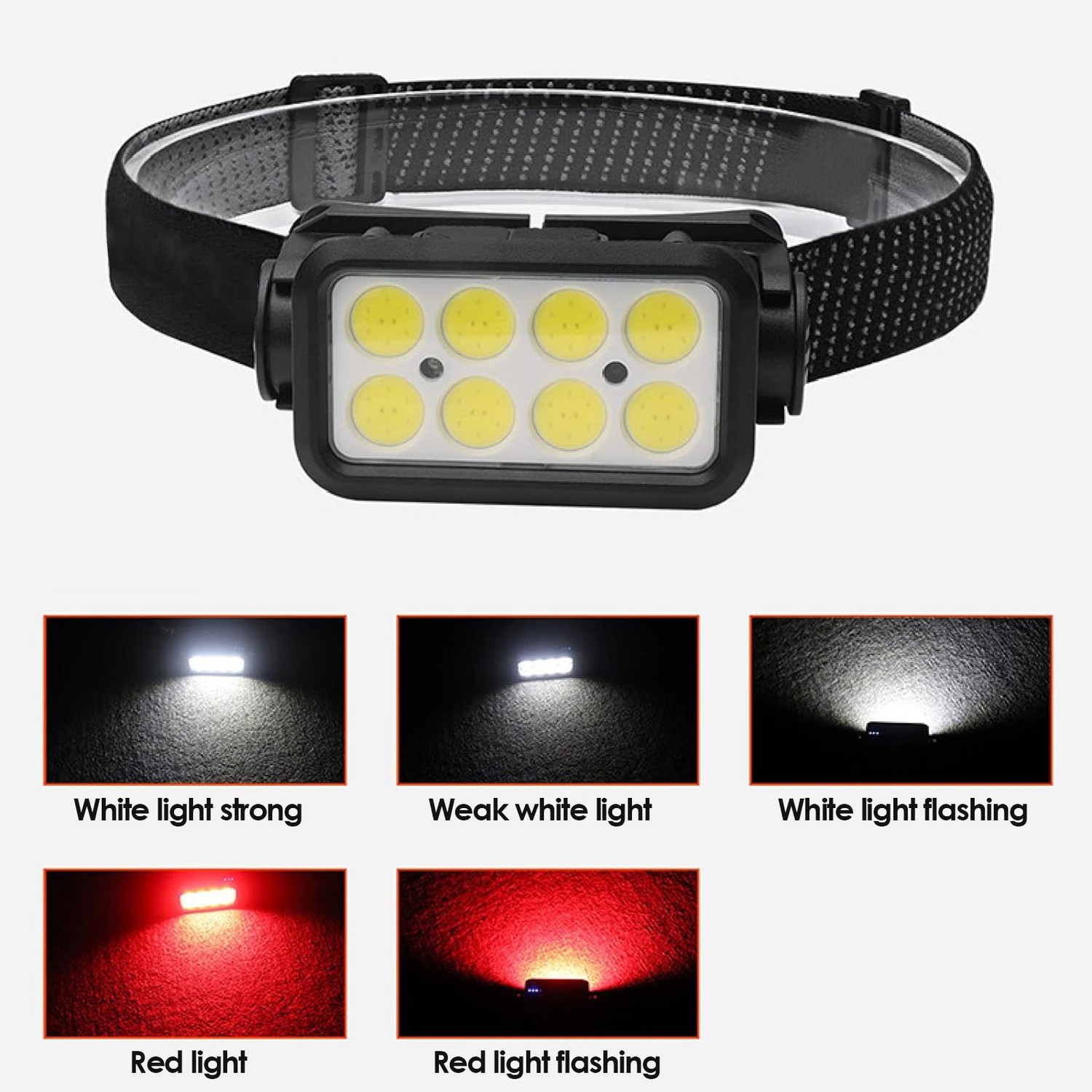 Lampe de poche rechargeable, 8 lampe de travail montée sur la tête LED de 1200 lumens avec lumière blanche-rouge et capteur de mouvement pour la