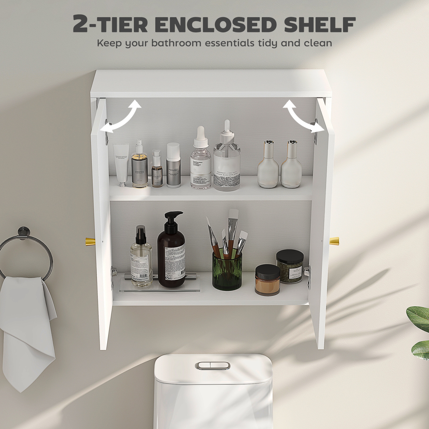 HOMCOM – Armoire murale de salle de bain, armoire à pharmacie moderne avec 2 portes arquées et poignées dorées, armoire de salle de bain murale,