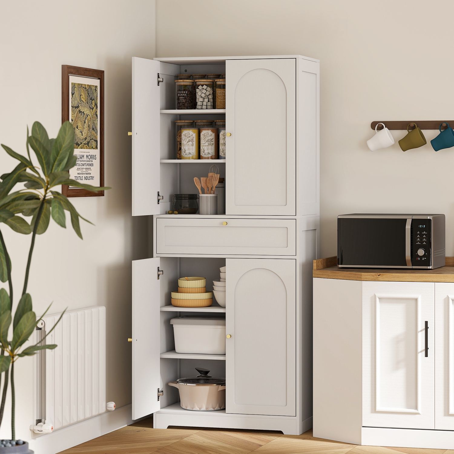 HOMCOM 72.4" Tall Kitchen Pantry Cabinet, Modern Freestanding Storage Cabinet with Shaker Doors and Adjustable Shelves, White