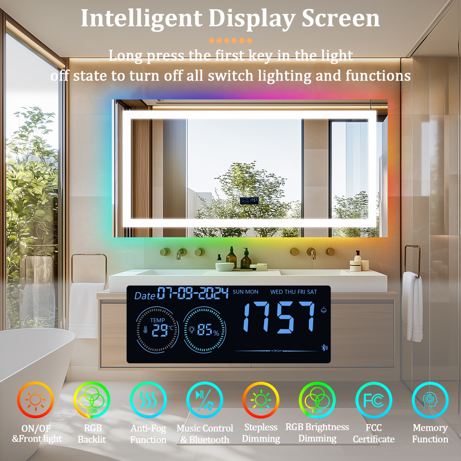 LUVODI 48"x24" LED Bathroom Mirror with Lights, Bluetooth Speaker, Anti-Fog, Dimmable, RGB Backlit + Front Lighted Bathroom Vanity Mirror for Wall,