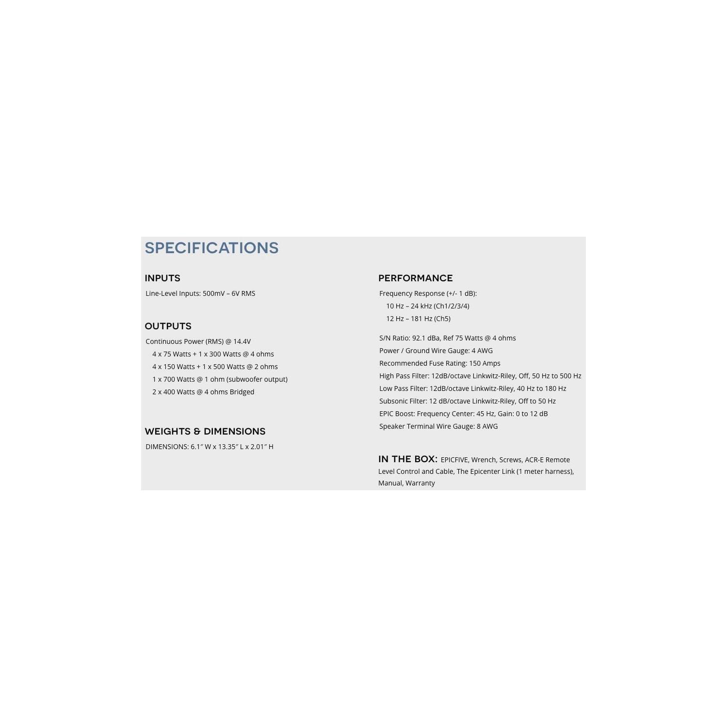 Amplificateur 5 canaux série EPIC d'AudioControl – 150 W x4+300 x 1@2&nbsp;Ohm, 75 W x 4 ou 300 x 2 à 4&nbsp;Ohm+700 W @1&nbsp;Ohm ch5