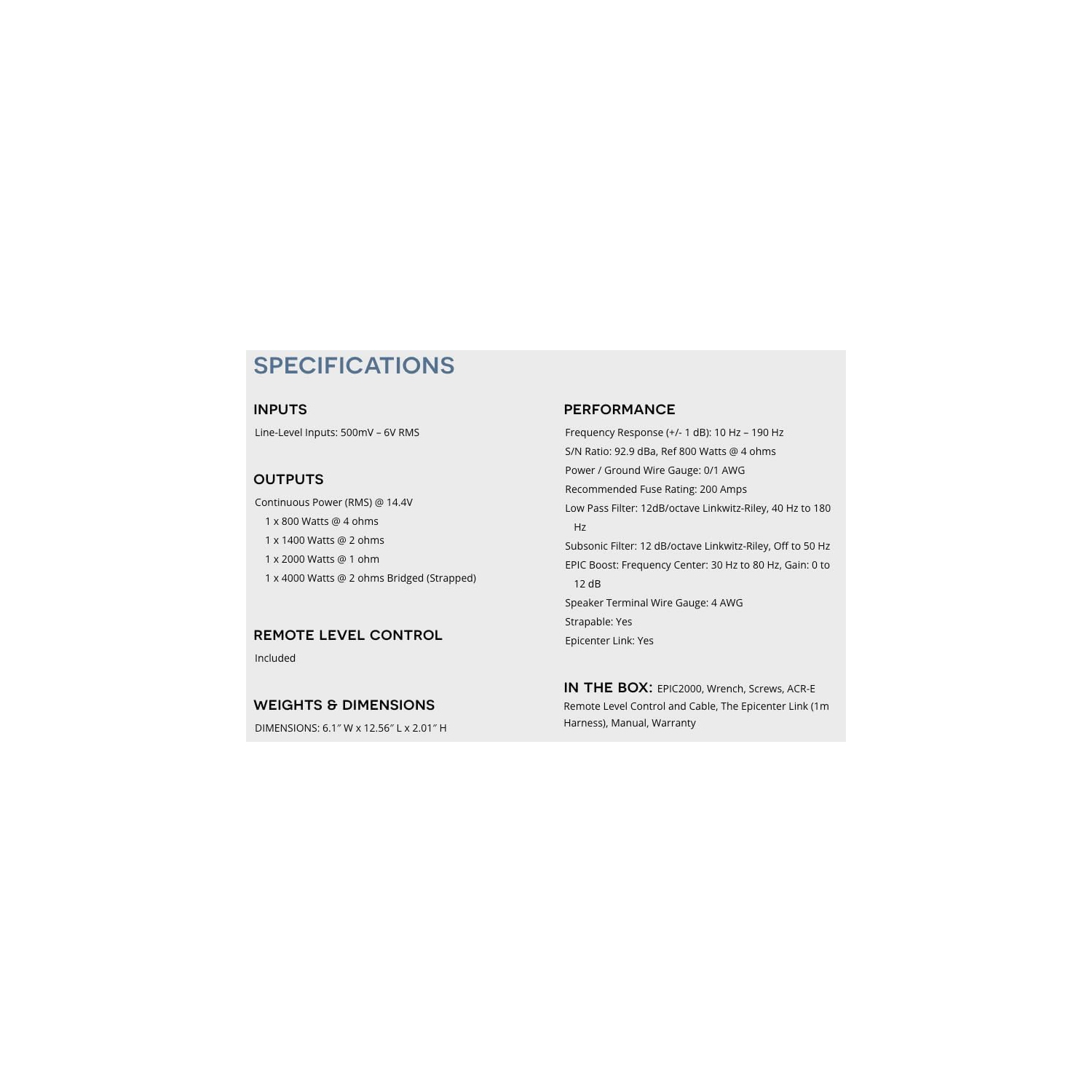 Amplificateur mono de la série EPIC d'AudioControl - 2000w@1&nbsp;Ohm, 1500w@2&nbsp;Ohm, 1000w@4&nbsp;Ohm