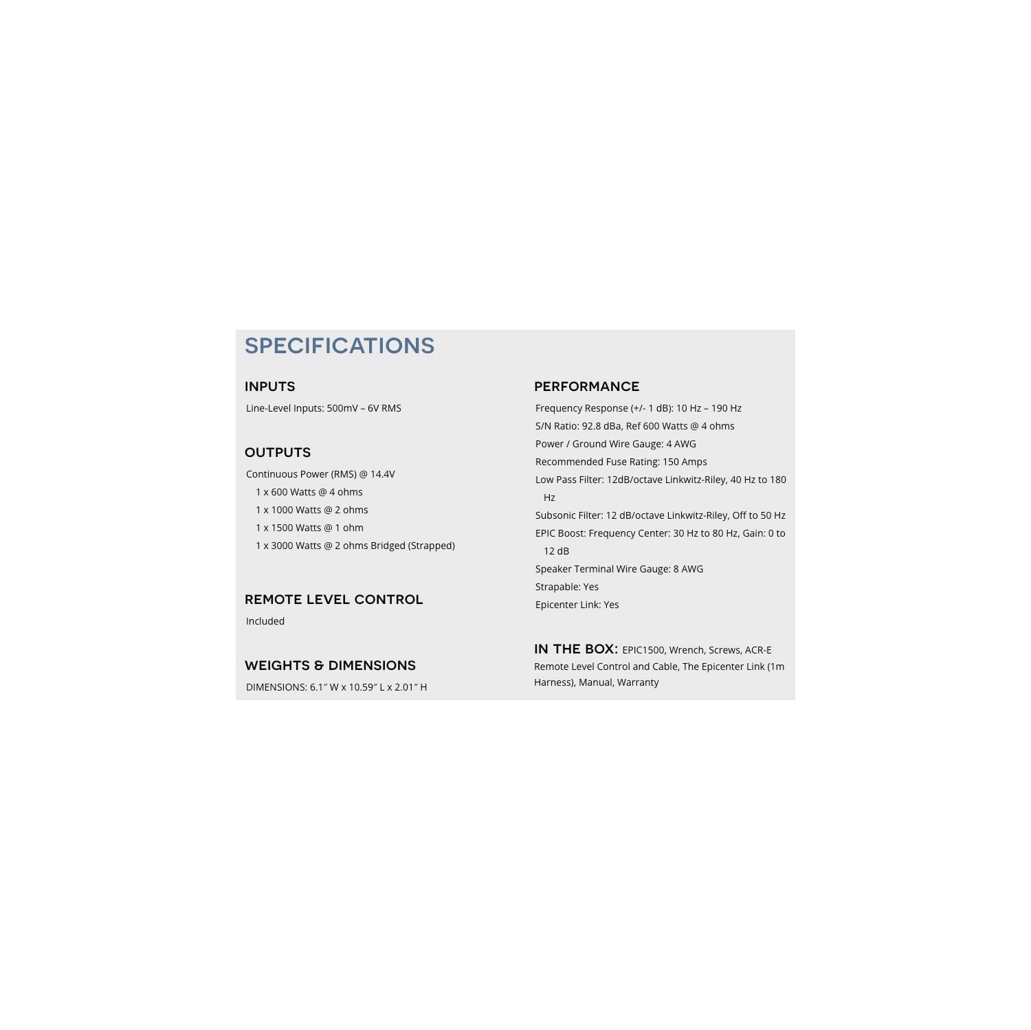 Amplificateur mono de la série EPIC d'AudioControl - 1500w@1 Ohm, 1000w@2 Ohm, 750w@4 Ohm