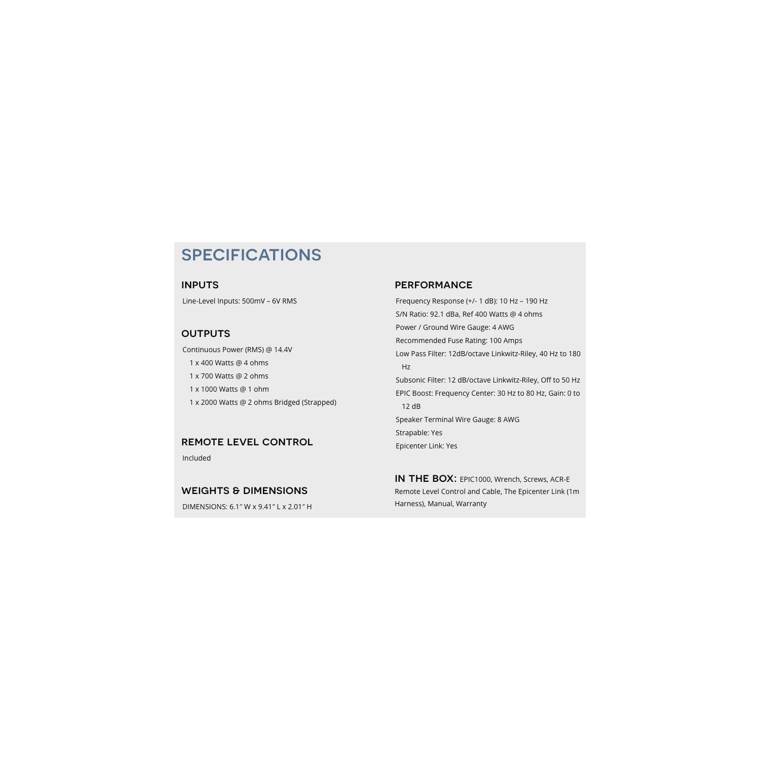 Amplificateur mono de la série EPIC d'AudioControl - 1000w@1 Ohm 750w@2 Ohm, 500w@4 Ohm