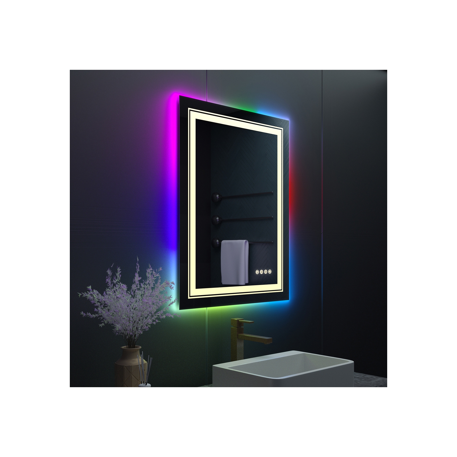 24x32 Inch LED Bathroom Mirror with RGB Lights Color Changing Backlit Mirror Shatterproof Dimmable Anti-Fog Lighted Vanity Mirror, RGB Multicolor