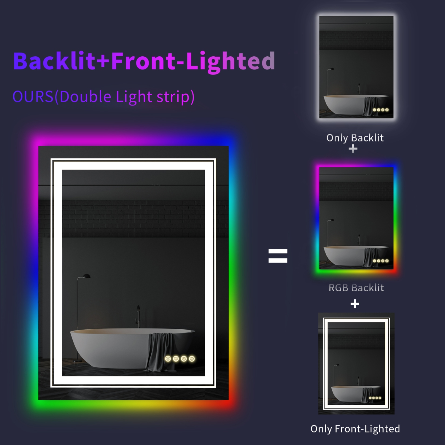 24x32 Inch LED Bathroom Mirror with RGB Lights Color Changing Backlit Mirror Shatterproof Dimmable Anti-Fog Lighted Vanity Mirror, RGB Multicolor