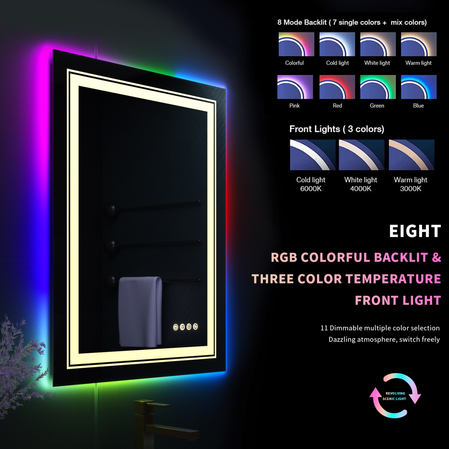 24x32 Inch LED Bathroom Mirror with RGB Lights Color Changing Backlit Mirror Shatterproof Dimmable Anti-Fog Lighted Vanity Mirror, RGB Multicolor