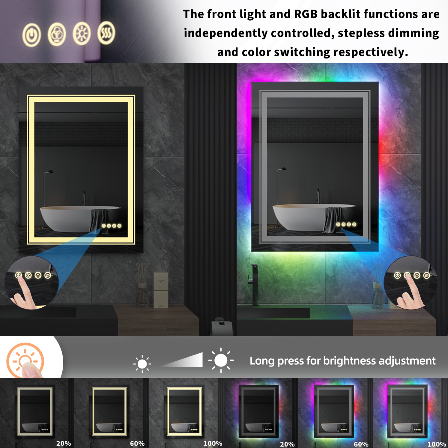 24x32 Inch LED Bathroom Mirror with RGB Lights Color Changing Backlit Mirror Shatterproof Dimmable Anti-Fog Lighted Vanity Mirror, RGB Multicolor