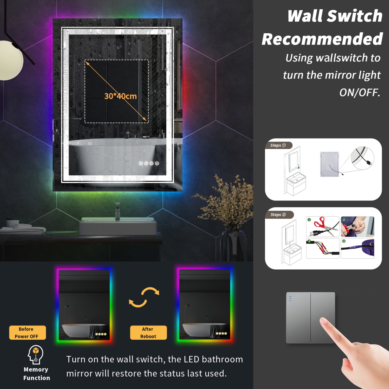 24x32 Inch LED Bathroom Mirror with RGB Lights Color Changing Backlit Mirror Shatterproof Dimmable Anti-Fog Lighted Vanity Mirror, RGB Multicolor