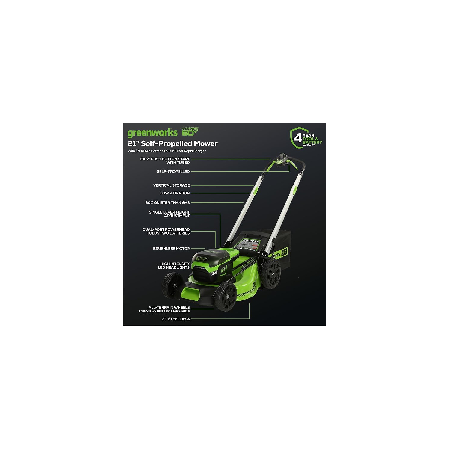 Tondeuse à gazon sans fil à propulsion automatique de 21 po 60 V de Greenworks, 2 piles 4,0 Ah et chargeur rapide à deux ports inclus