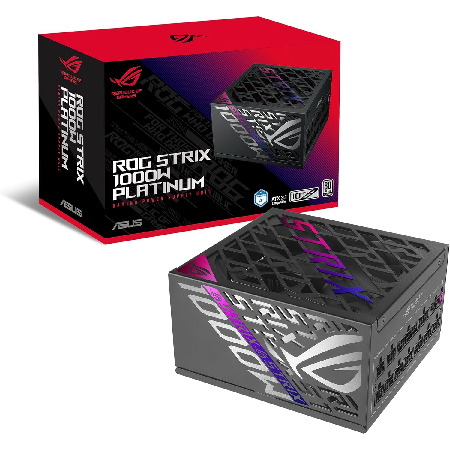 Bloc d'alimentation ROG Strix 1000&nbsp;W Platinum d'ASUS, entièrement modulaire, 80+ platine, ATX 3,1, PCIe 5,0 MOSFET GaN, stabilisateur de tension