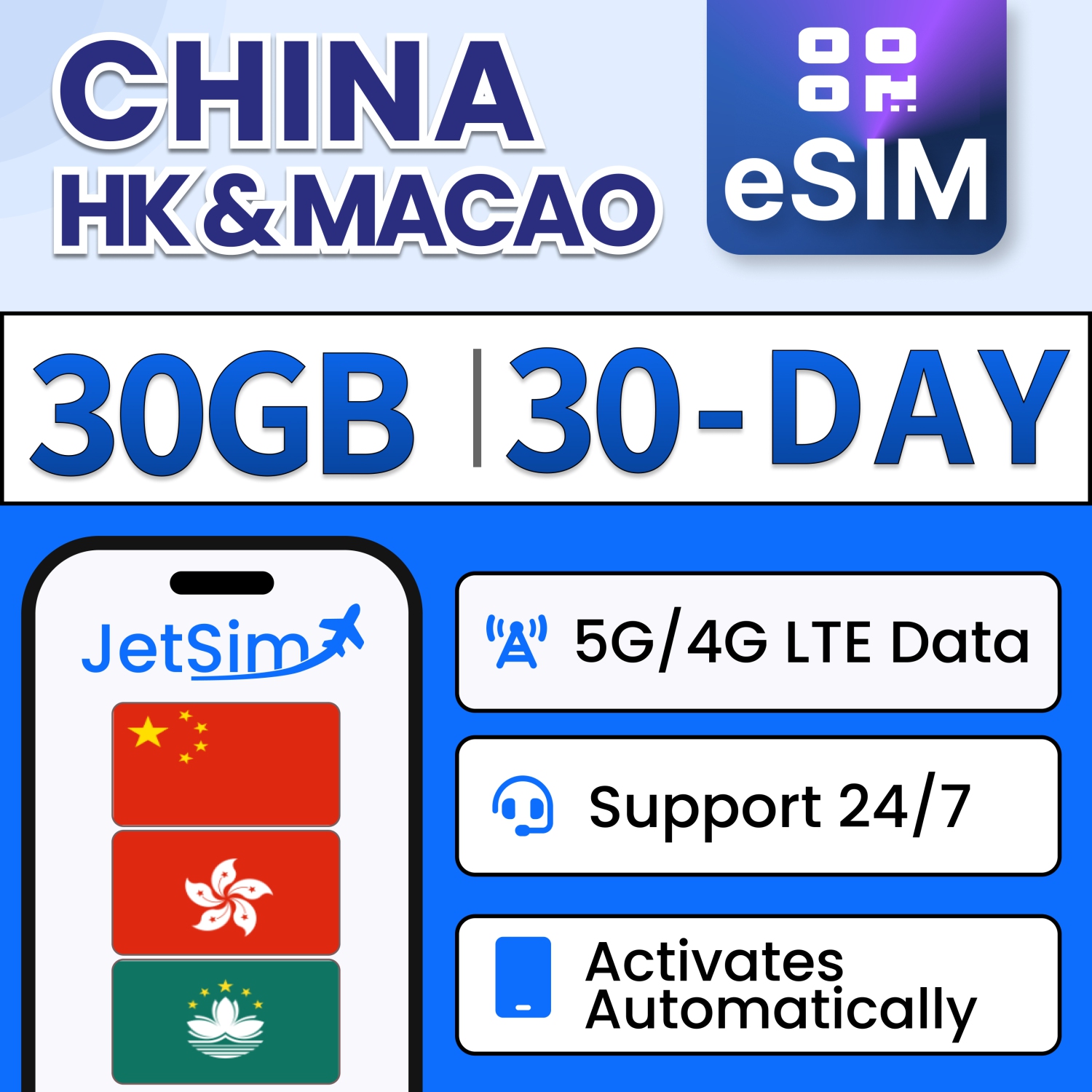 Code QR de la carte SIM de Chine, données haute vitesse 30&nbsp;Go 5G/4G LTE, fonctionne en Chine continentale, Hong Kong et Macao, accès aux