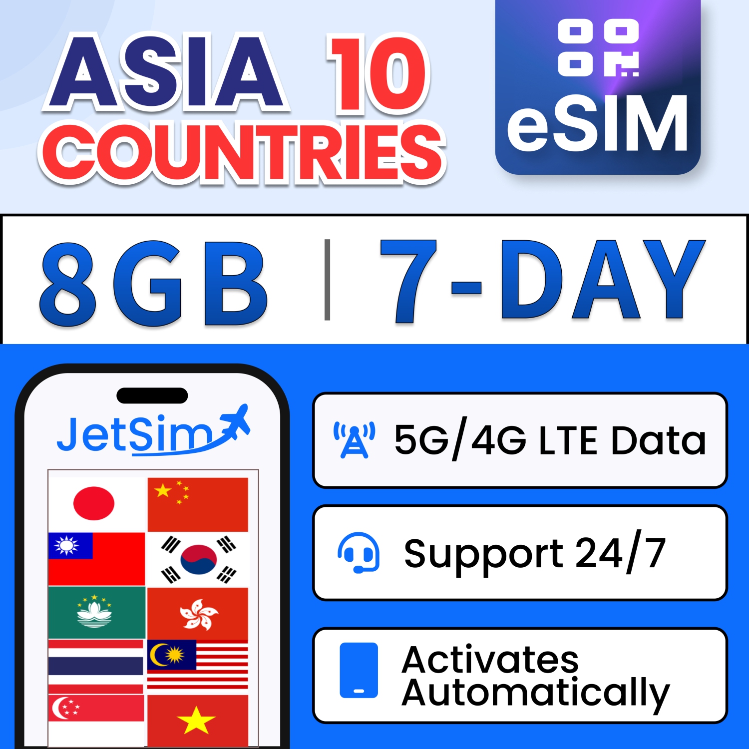 Carte SIM Asie Code QR, données haute vitesse 8&nbsp;Go 5G/4G LTE (Chine, Corée du Sud, Japon, Thaïlande, Taïwan, Singapour, Vietnam et plus)
