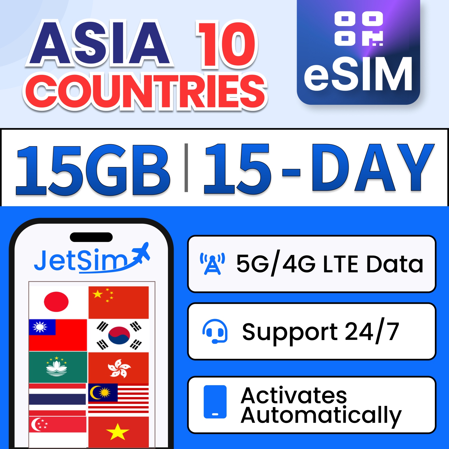 Carte SIM Asie Code QR, données haute vitesse 15&nbsp;Go 5G/4G LTE (Chine, Corée du Sud, Japon, Thaïlande, Taïwan, Singapour, Vietnam et plus)