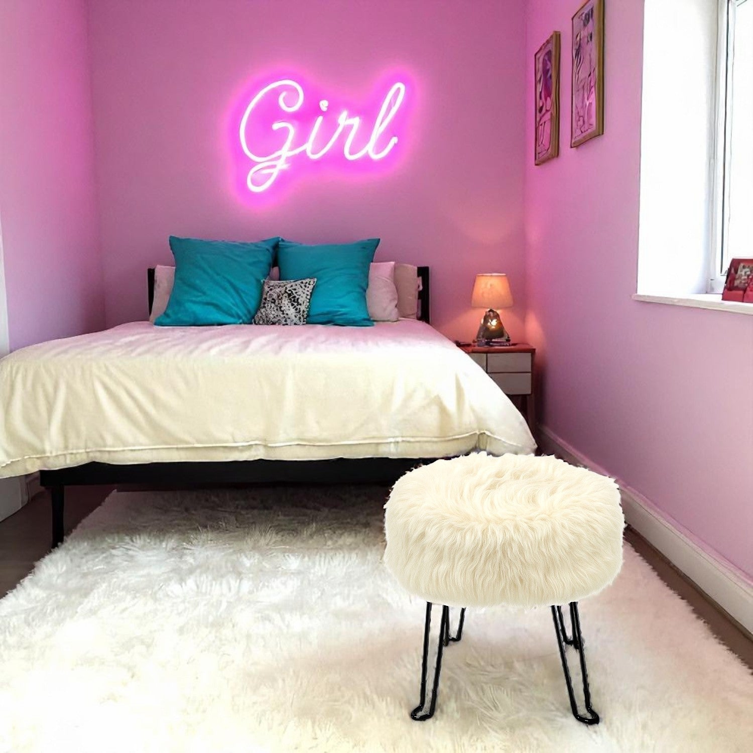 ITY International - Fluffy Ottoman with Metal Base 14.5" x 15.7" White