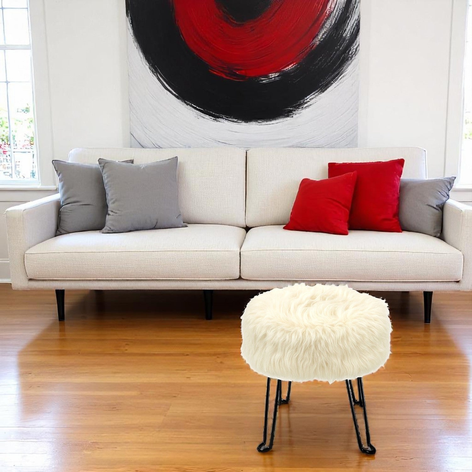 ITY International - Fluffy Ottoman with Metal Base 14.5" x 15.7" White