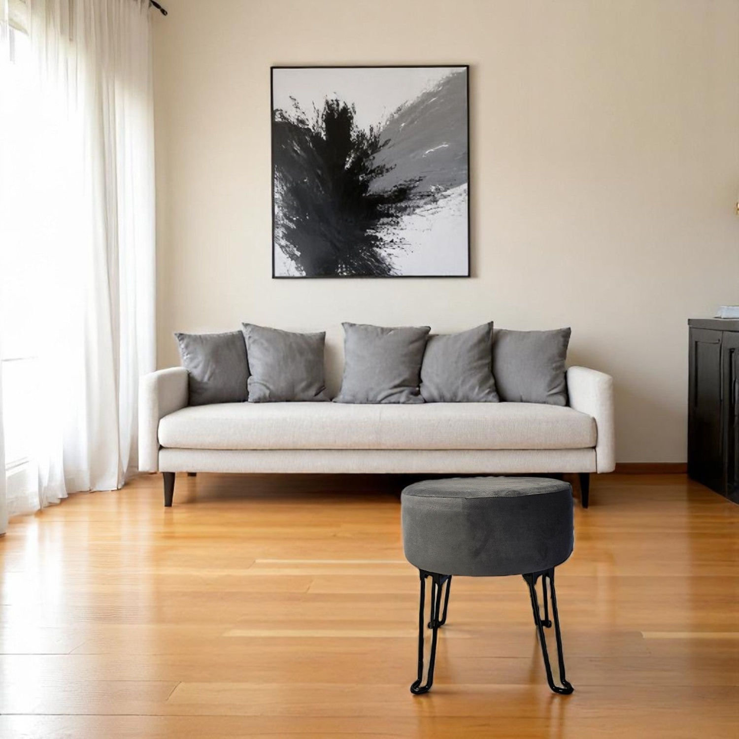 ITY International – Pouf en velours avec base en métal 14,5 po x 15,7 po gris anthracite