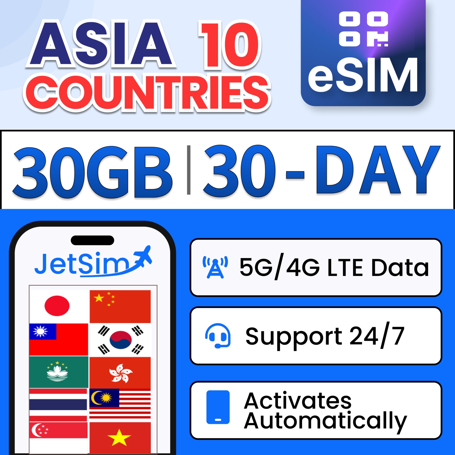 Carte SIM Asie Code QR, données haute vitesse 30&nbsp;Go 5G/4G LTE (Chine, Corée du Sud, Japon, Thaïlande, Taïwan, Singapour, Vietnam et plus)