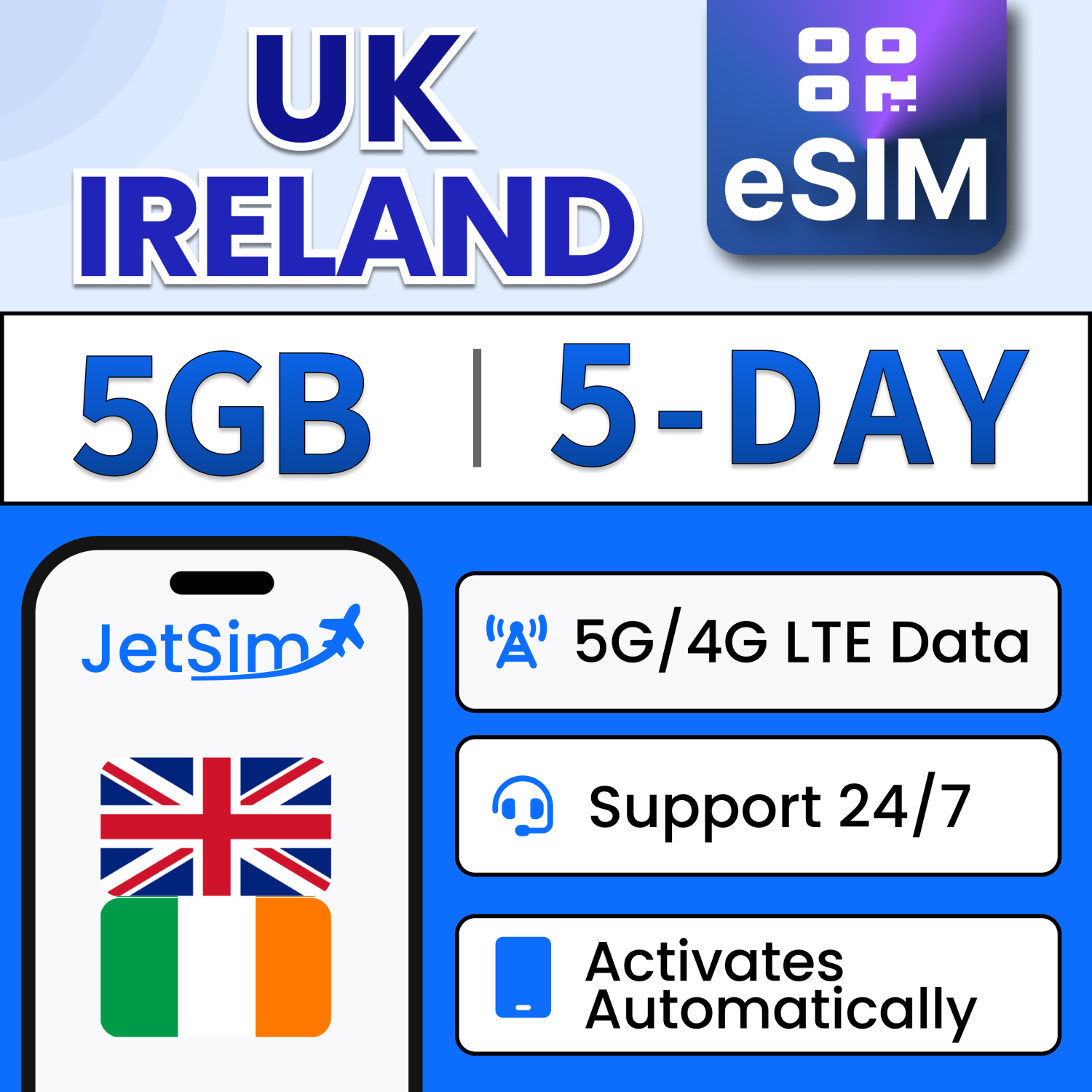 Jetsim UK & Ireland SIM QR Code, données haute vitesse, Plug & Play, pas besoin d'attendre pour la livraison, code QR SIM