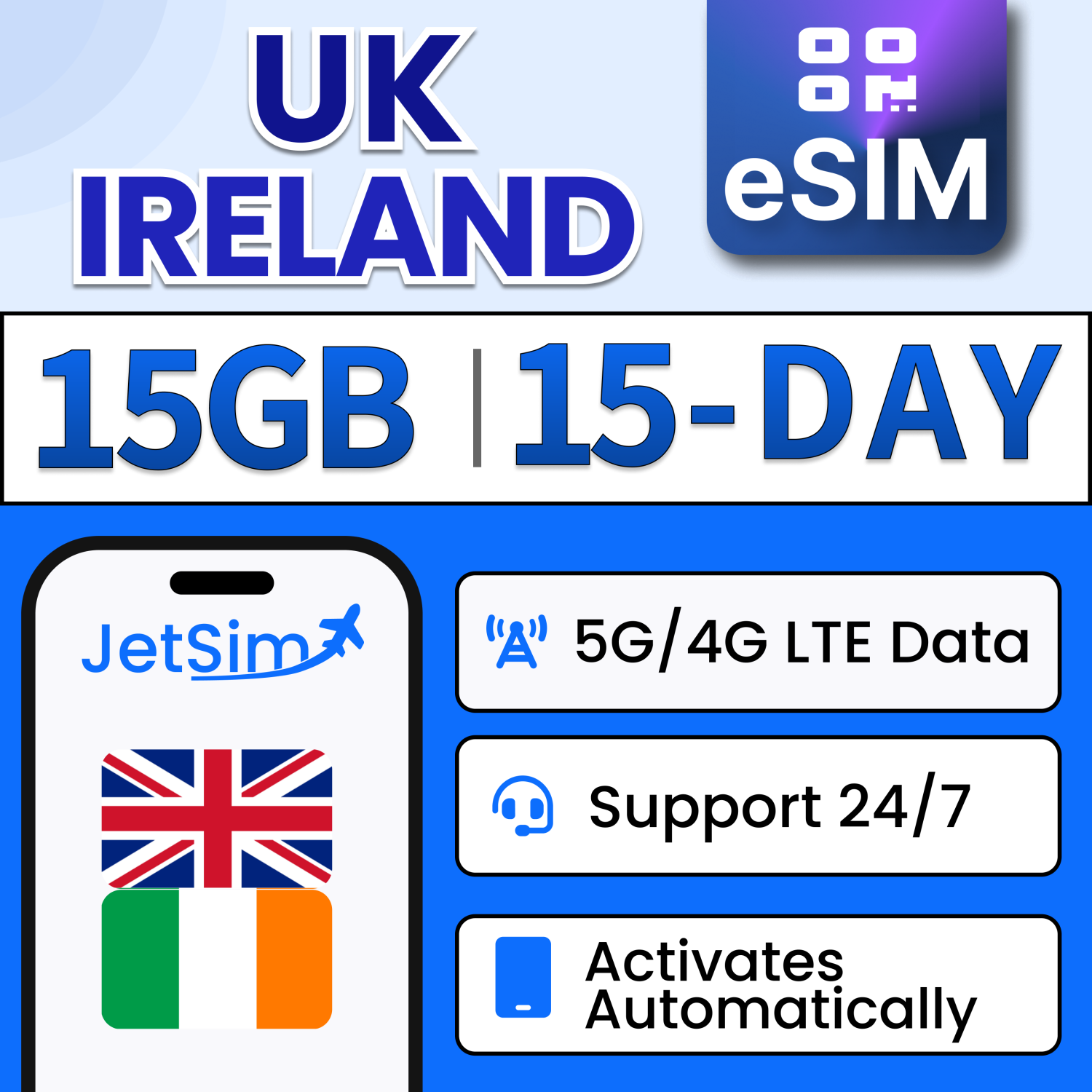 Jetsim UK & Ireland SIM QR Code, données haute vitesse, Plug & Play, pas besoin d'attendre pour la livraison, code QR SIM