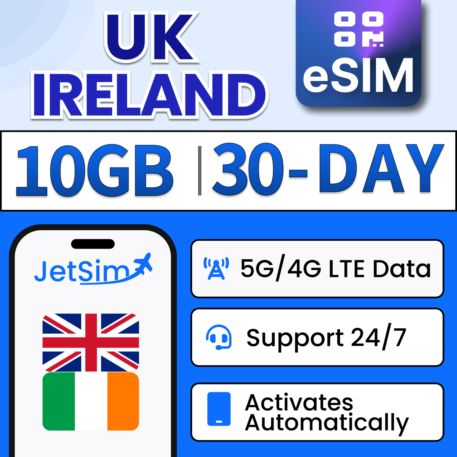 Jetsim UK & Ireland Code QR SIM, 10&nbsp;Go High-Speed Data, Plug & Play, pas besoin d'attendre pour la livraison, code QR SIM