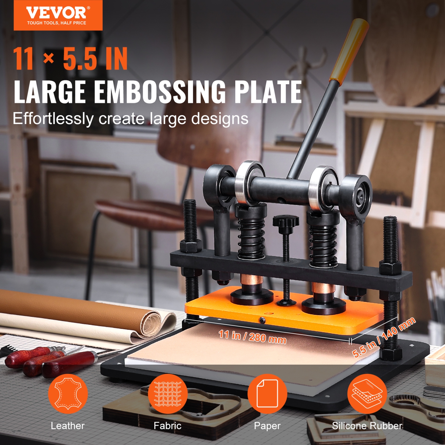 VEVOR 11 x 5.5 in Embossing Plate Manual Die Cutter, Leather Cutting Machine, 0.47 in Pressure Stroke Dual Guide Shafts Die Cut Machine, Embossing
