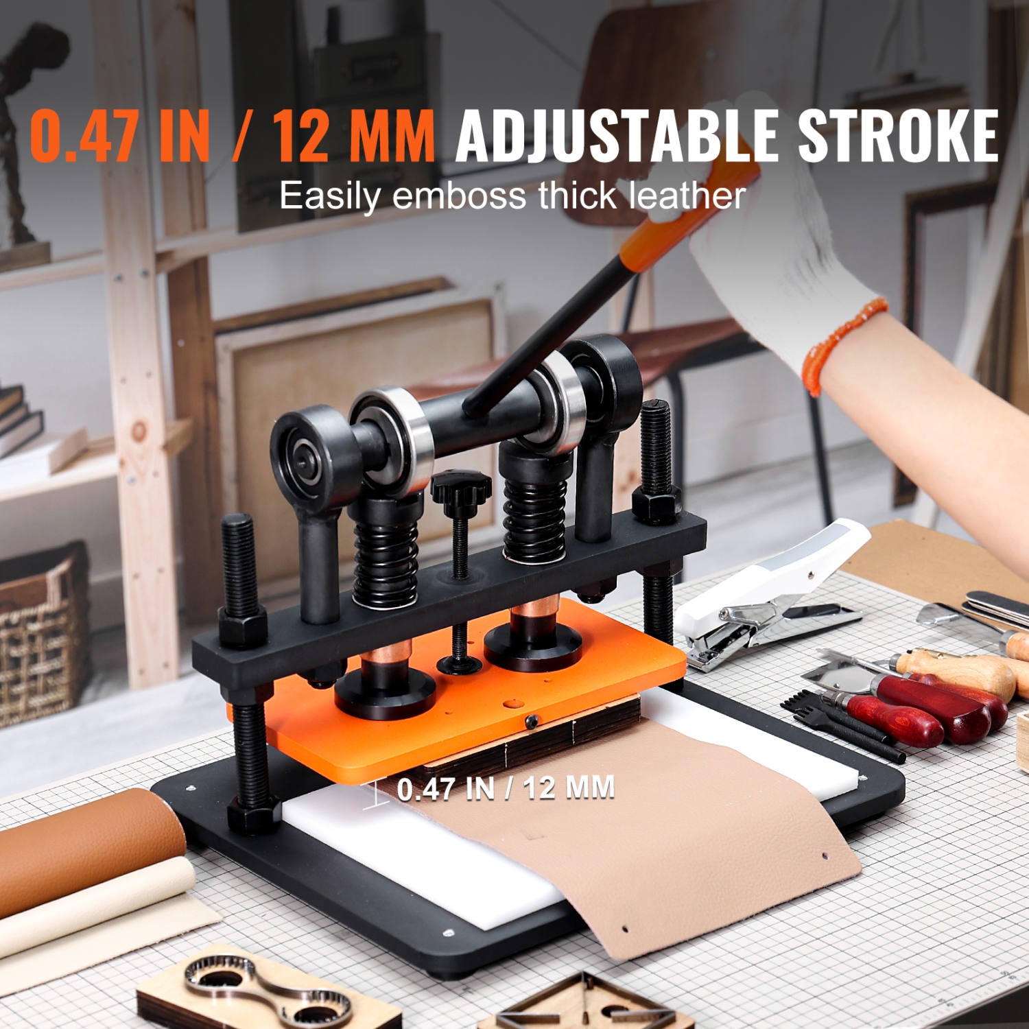 VEVOR 11 x 5.5 in Embossing Plate Manual Die Cutter, Leather Cutting Machine, 0.47 in Pressure Stroke Dual Guide Shafts Die Cut Machine, Embossing