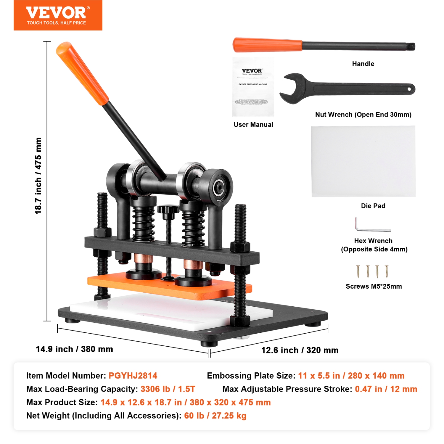 VEVOR 11 x 5.5 in Embossing Plate Manual Die Cutter, Leather Cutting Machine, 0.47 in Pressure Stroke Dual Guide Shafts Die Cut Machine, Embossing