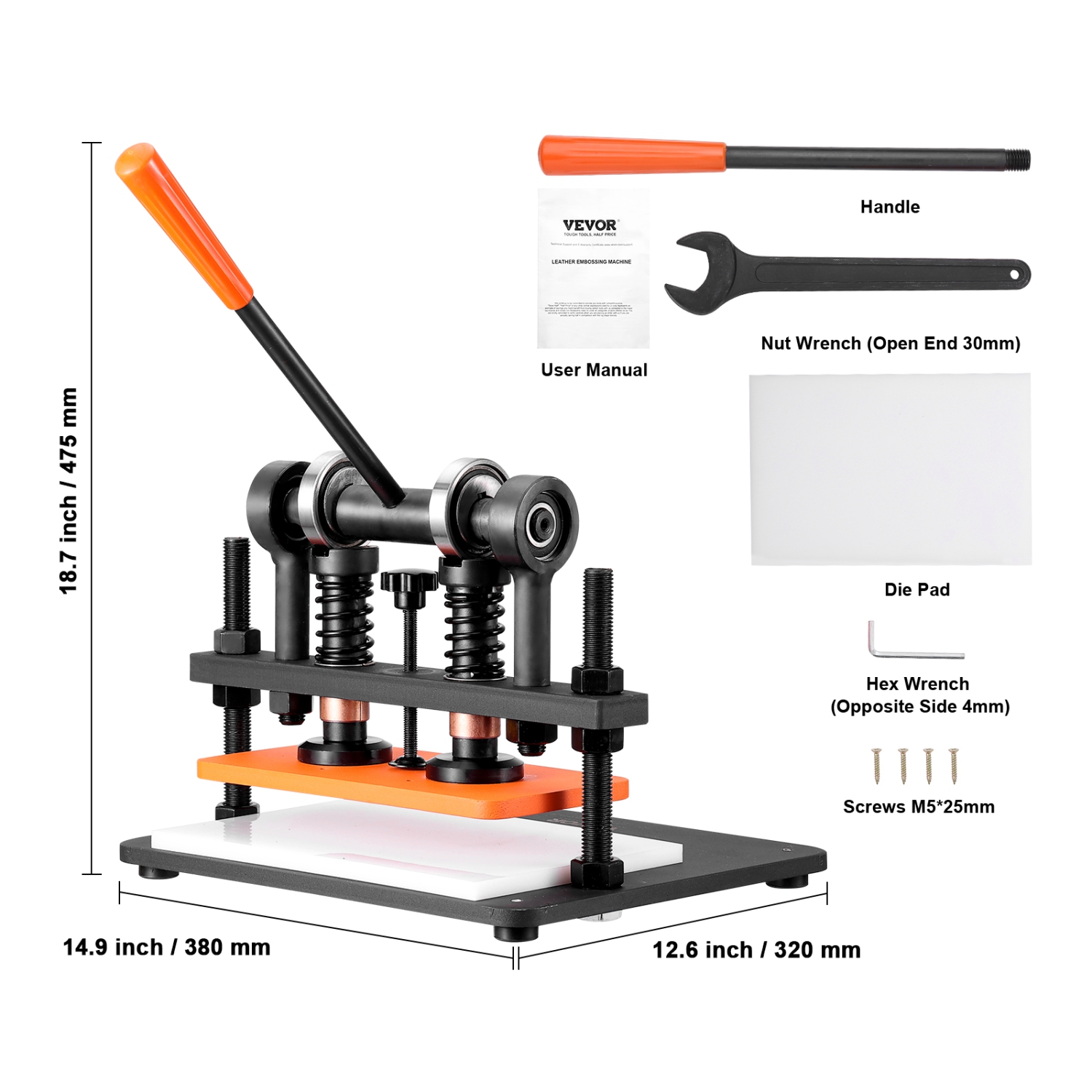 VEVOR 11 x 5.5 in Embossing Plate Manual Die Cutter, Leather Cutting Machine, 0.47 in Pressure Stroke Dual Guide Shafts Die Cut Machine, Embossing