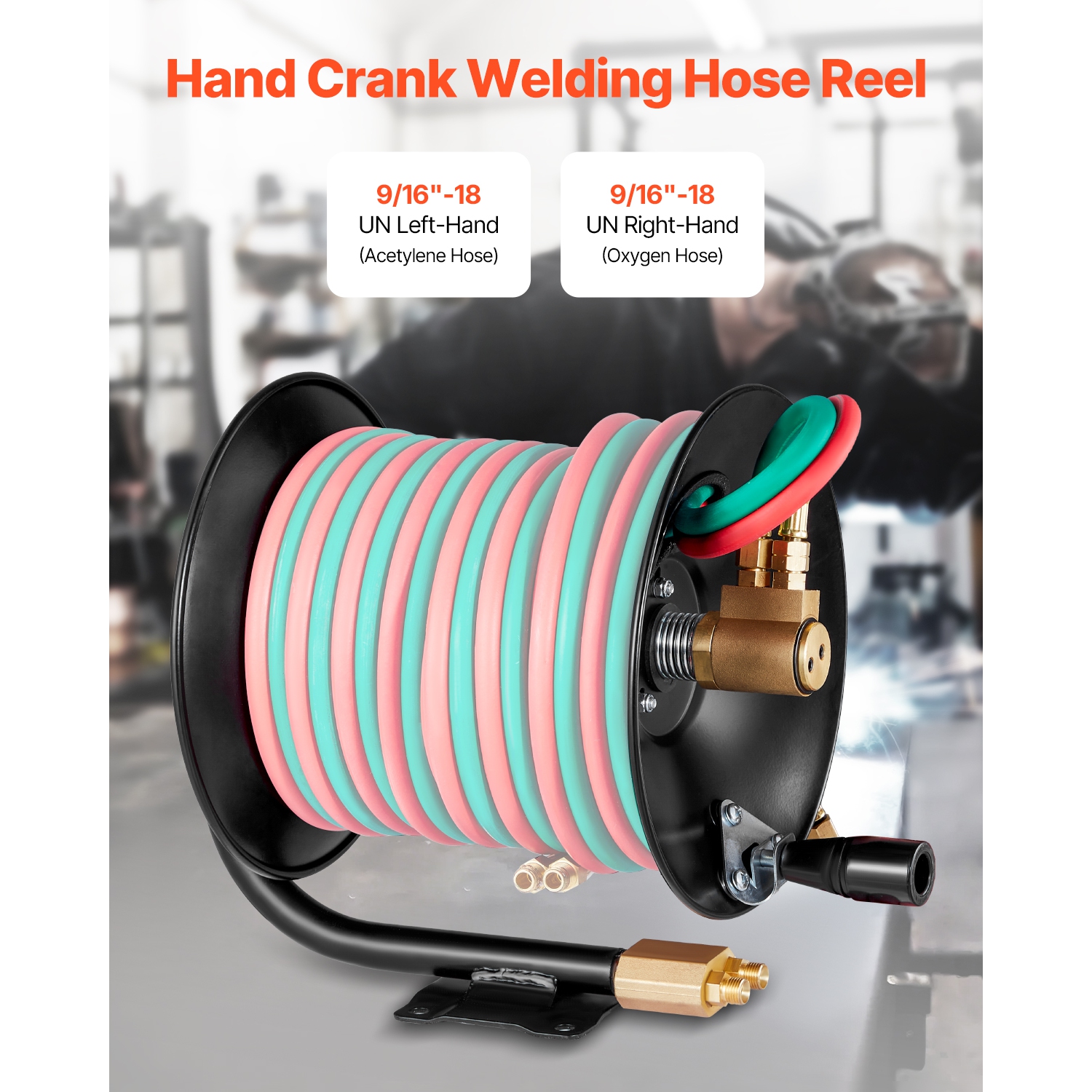 VEVOR 3FT Lead-in Hose Reel Welding, Hand Crank Rewind Hose Reel with Hose and 9/16"-18 B Fittings, Ceiling/Wall Mount Steel Reel for Workshops